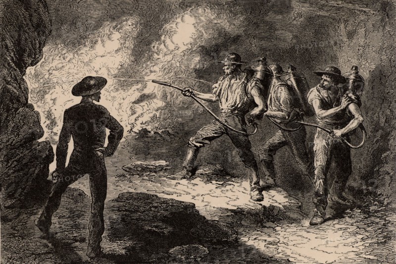 Using fire extinguishers to attack a fire in a coal mine, 1869
