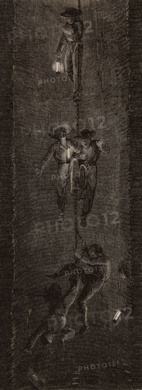 Coal miners being lowered down pit shaft, 1869
