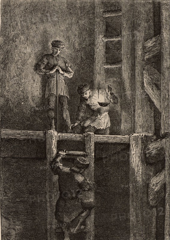 Miners in the Harz mines, Germany, descending the ladder shaft by the light of an oil lamp