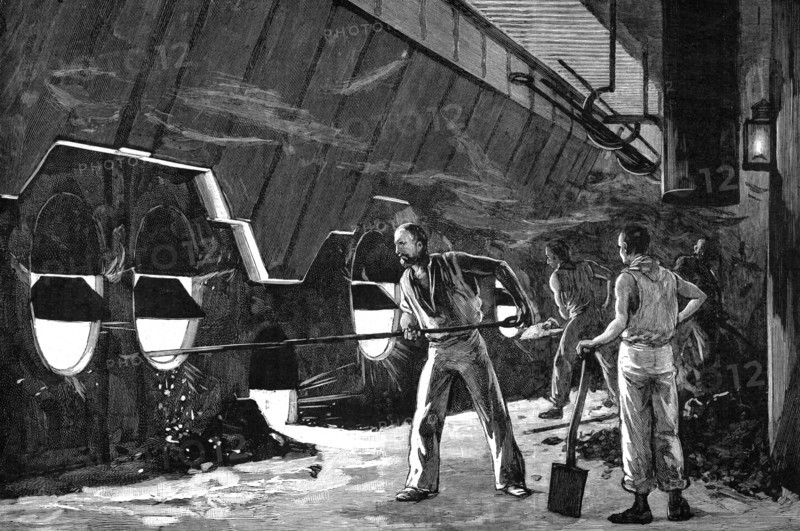 Stokers at work in the heat of the boiler room of a transatlantic liner