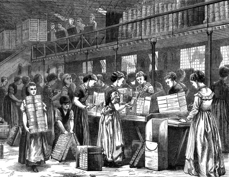Women and girls and a young boy at work