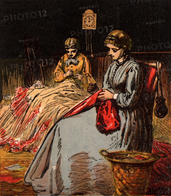 Dressmakers working into the night to finish dresses for fashionable ladies