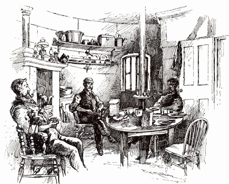 Lighthouse keepers relaxing after dinner on the Eddystone lighthouse