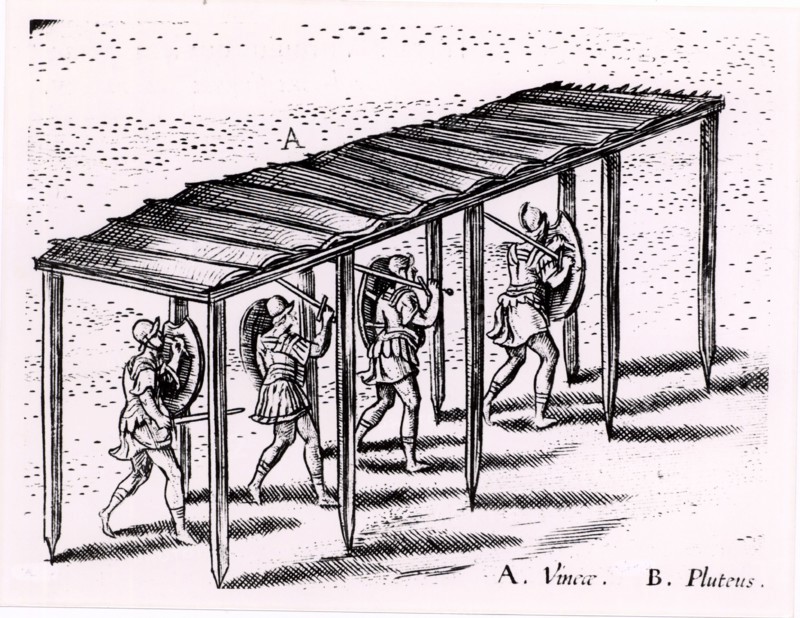 Roman soldiers using a 'cat' or protective covering