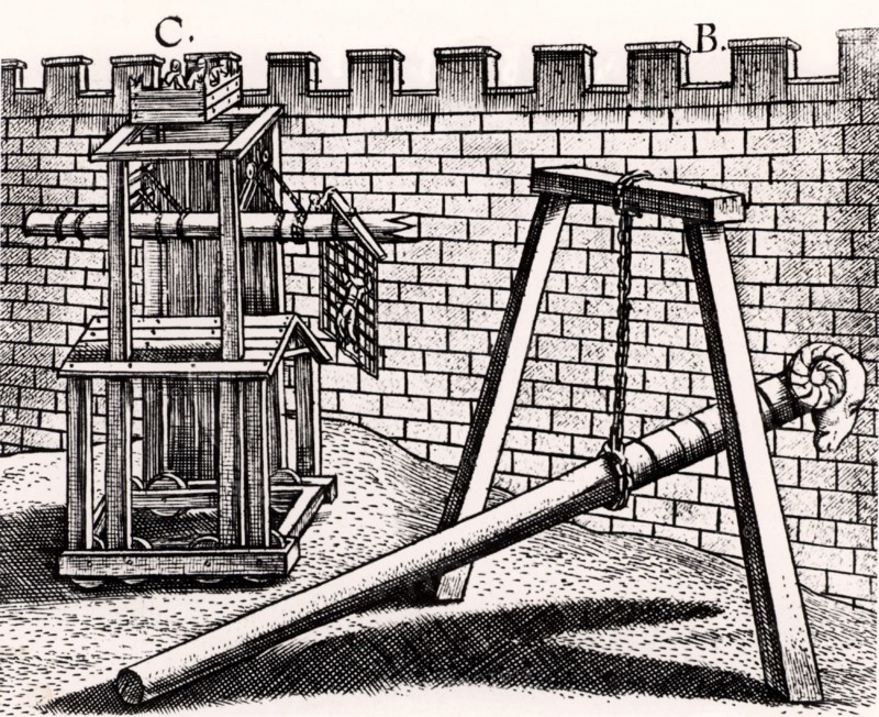 Roman soldiers using two forms of battering ram