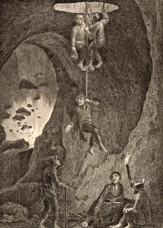 Miners being lowered by ropes
