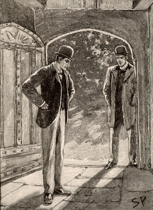 The Adventure of the Musgrave Ritual'. Holmes, left, and Watson arriving at the spot that answering all the questions left for each Musgrave heir has led them. From "The Adventures of Sherlock Holmes" by Conan Doyle from "The Strand Magazine" (London, 1893). Illustration by Sidney E Paget, the first artist to draw Sherlock Holmes.  Engraving.