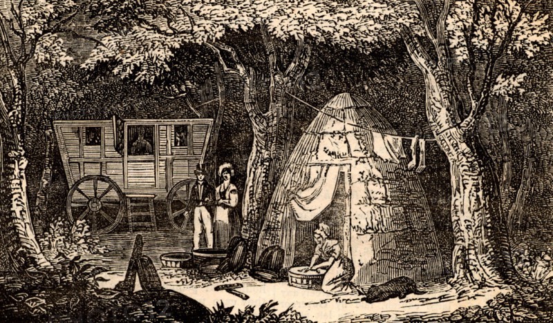 Charcoal burner's caravan and cabin in a wood in the Hythe region of Kent