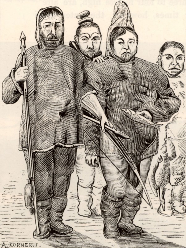 Greenlanders in polar dress made of animal skins
