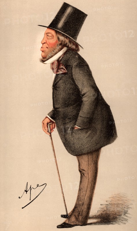 Meyer Amschel de Rothschild (1818-1874) English sportsman and art collector, fourth son of Nathan Meyer Rothschild. Liberal Member of Parliament for Hythe, Kent (1859-1874). Cartoon by 'Ape' (Carlo Pellegrini - 1838-1889)  from "Vanity Fair", London, 27 May 1871.  Chromolithograph.