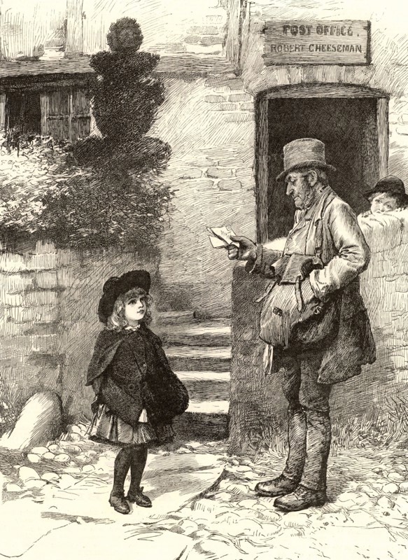 Little girl asking the village postman if there is a letterr for her. Engraving from "The Illustrated London News" (London, 18 February 1888).