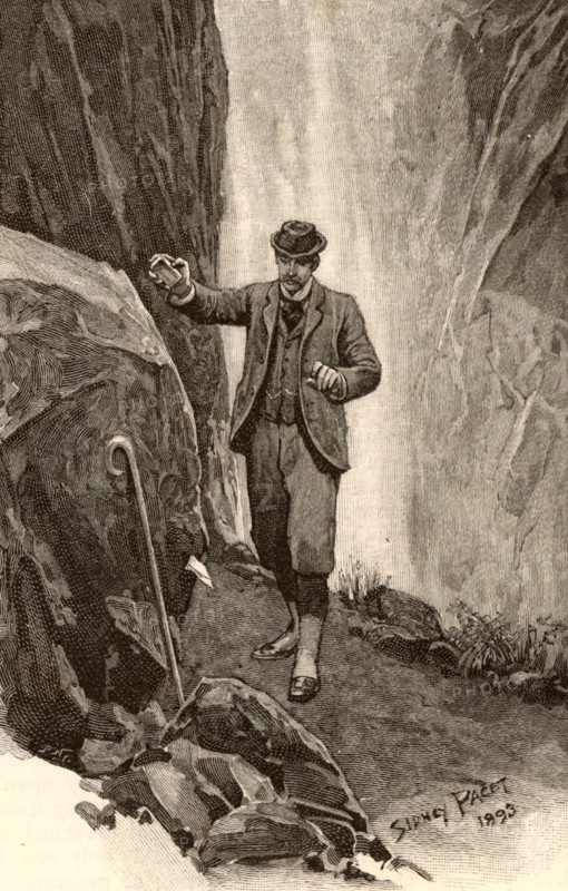 The Adventure of the Final Problem'. Watson, returning to the Reichenbach Falls, finds the Alpen-stock belonging to Sherlock Holmes, together with his farewell note.  Illustration by Sidney E Paget (1860-1908) for 'The Adventures of Sherlock Holmes'  by Arthur Conan Doyle in "The Strand Magazine" (London, 1893).  Paget was the first artist to draw  Holmes.