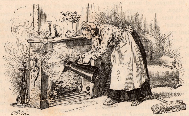 A maid pouring a jug of water on a fire