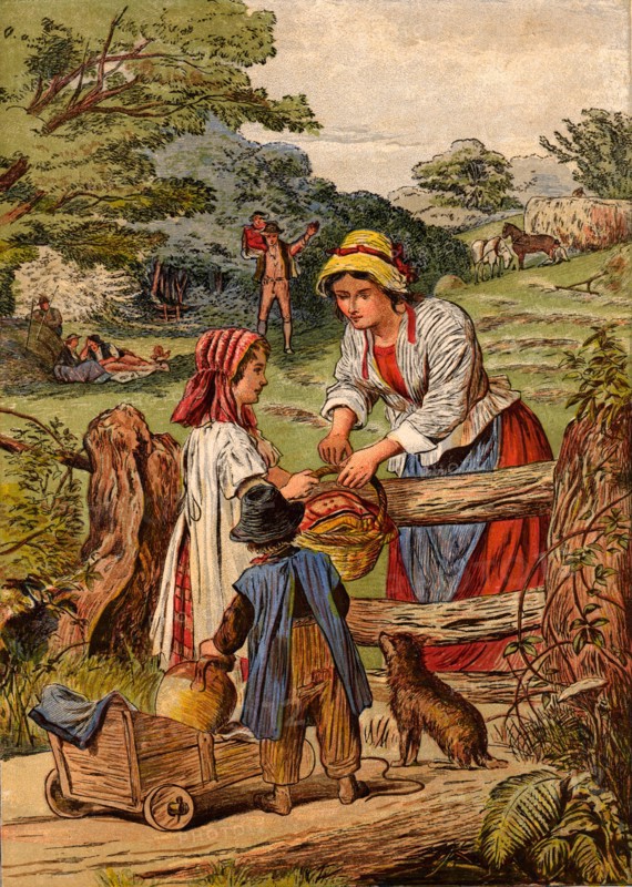 Summer: Children bringing food and drink to their parents who are Haymaking