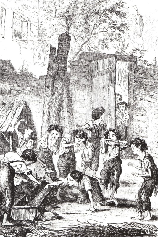 Half-starved factory children supplementing their meagre rations