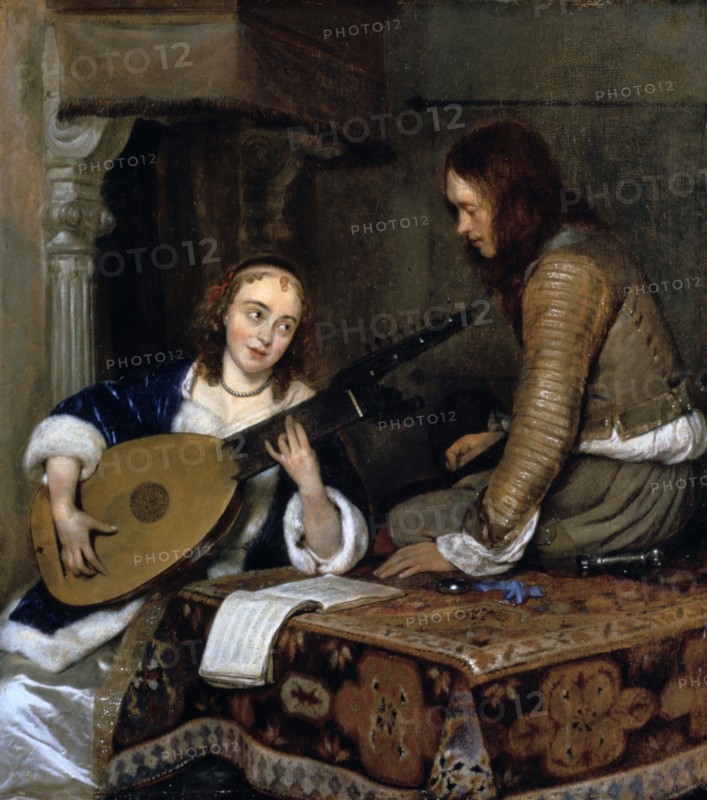 Young woman playing a lute: Dutch interior