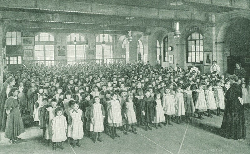 Assembly in a girls' school in the East End of London, 1910
