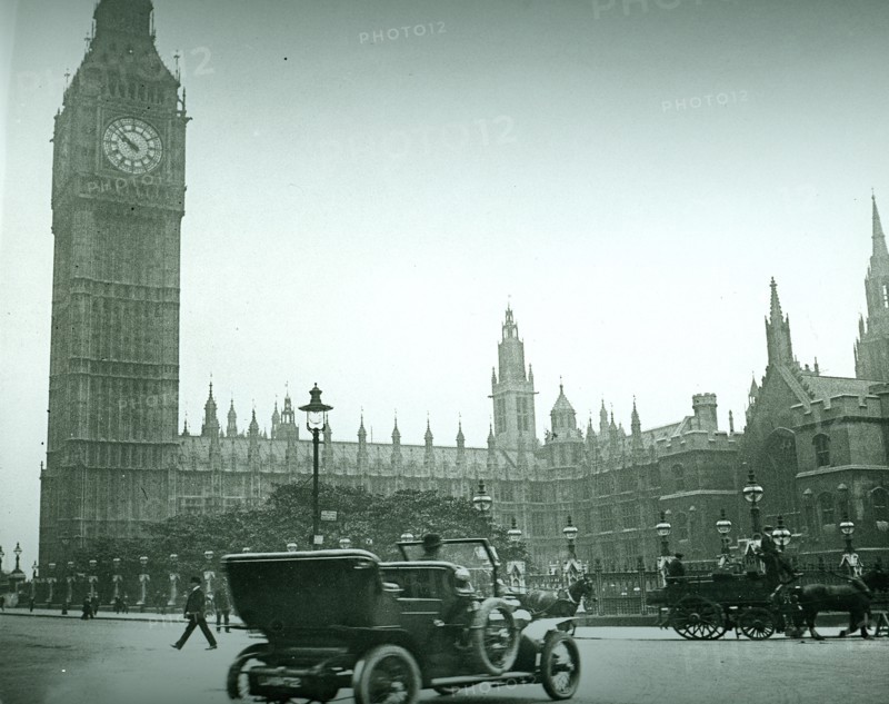 Parliament Square, London, c1906, showing early electric lamps, an automobile