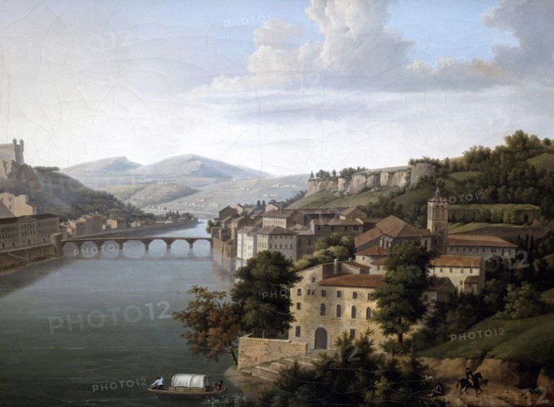 View of the Rhone: Riverscape with bridge connecting buildings on both banks of the water