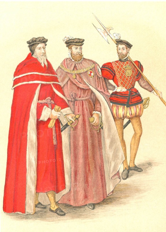 Two peers in their robes accompanied by a Halberdier in the time of Elizabeth I