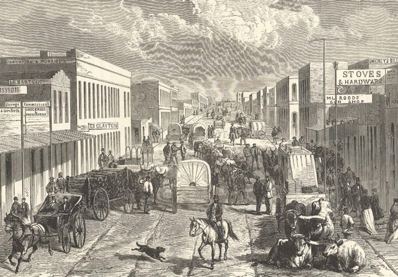 Busy street scene in Denver, Colorado, 1875