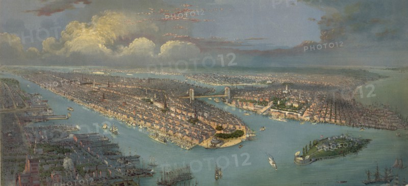 Bird's-eye view of New York  city and harbour with New Jersey waterfront, left
