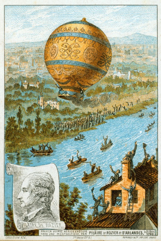 First manned free balloon flight, Pilatre de Rozier and the Marquis d'Arlandes, 21 November 1783, in  Montgolfier