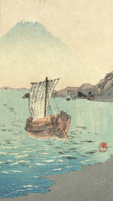 Print shows a large sailboat just off the shore with view of Mount Fuji in the distance