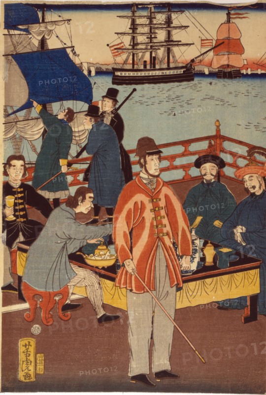 Yoshitora, One print of triptych showing European merchants