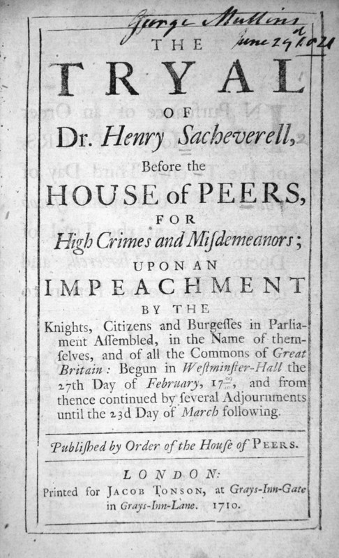 Title page of "The Tryal of Dr Henry Sacheverell"