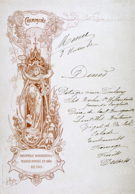 Dinner menu hand-written on a publicity card for Theophile Roederer & Co