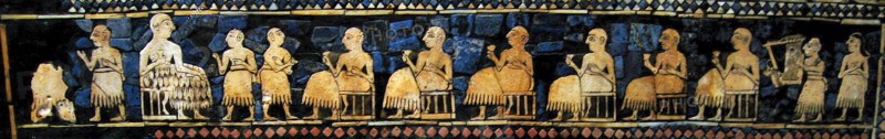 The Peace frieze from the Standard of Ur, Sumerian artefact excavated by the archaeologist Sir Leonard Woolley from the Royal Cemetery in Ur