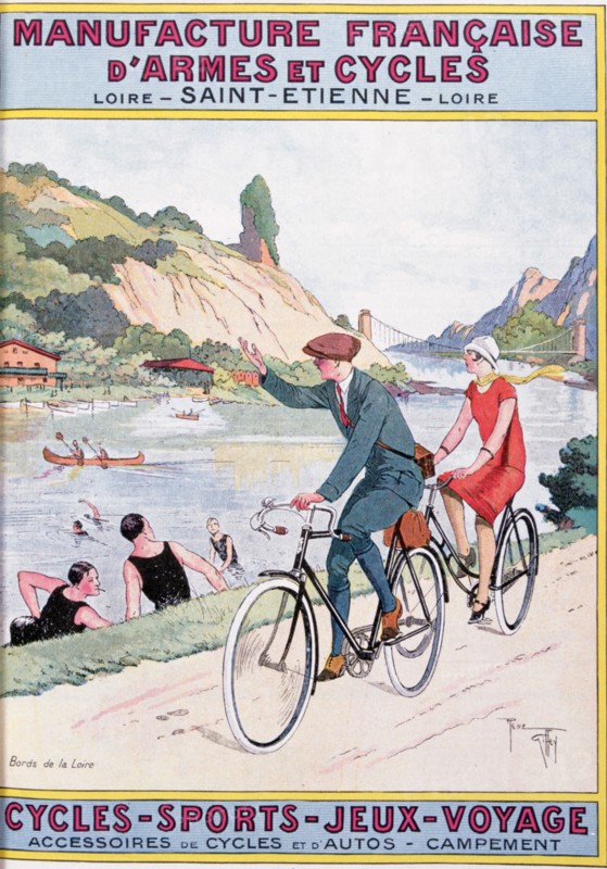 Cover of catalogue of Manufrance (Manufacture Francaise d'Armes et Cycles), Saint Etienne, c1920. Man and woman cycling by the river Loire waving to swimmers  and canoeists. Transport, Recreation France