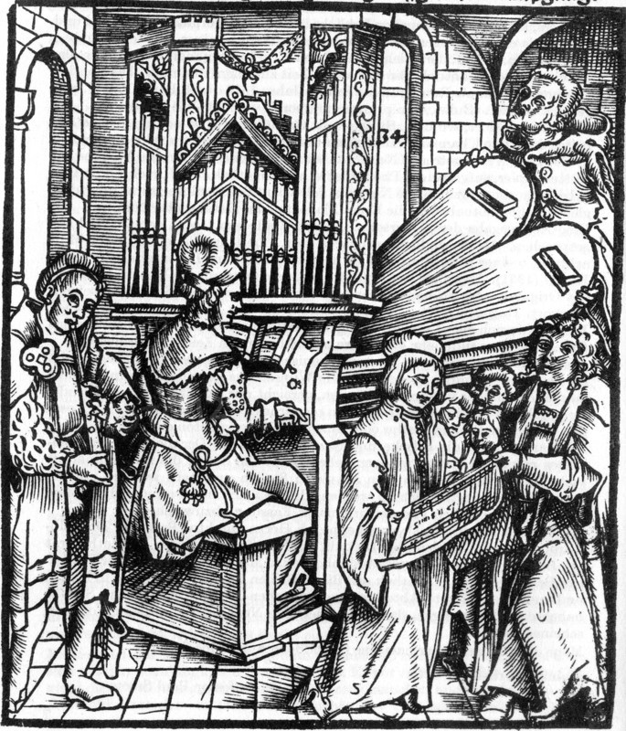German woodcut depicting musical instruments