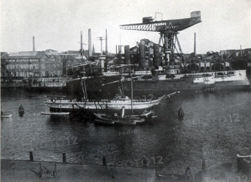 German warships under construction in the Imperial naval dockyards at Kiel, early 20th century