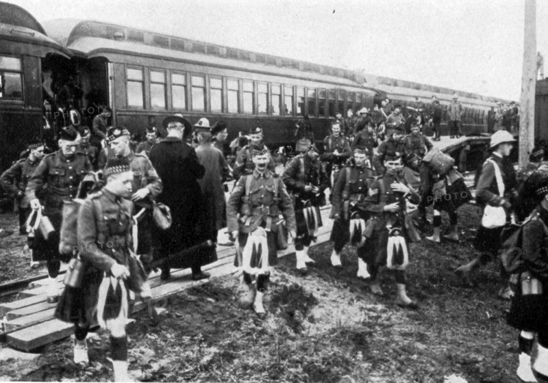 Canadian regiment of 'Highlanders' in traditional uniform of kilt