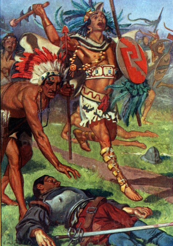 Aztec warriors attack the fleeing Spaniards