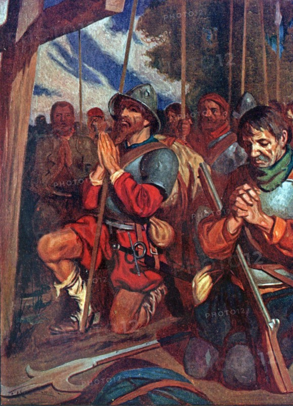 The soldiers of Hernando Cortez pray before battle in Mexico