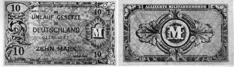 Obverse and reverse of an Allied 10 -mark note