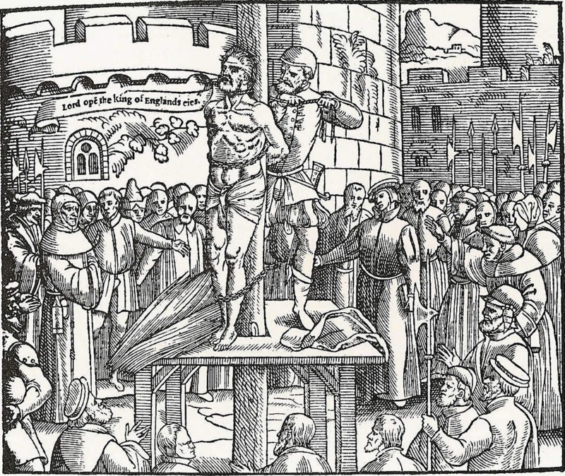 William Tyndale, being burnt at the stake in Belgium, cries "Lord, open the king of England's eyes