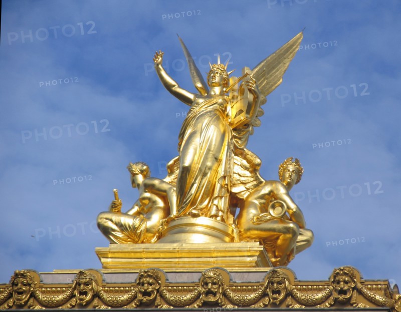 Gilded figure on the top front facade of the Opera Garnier