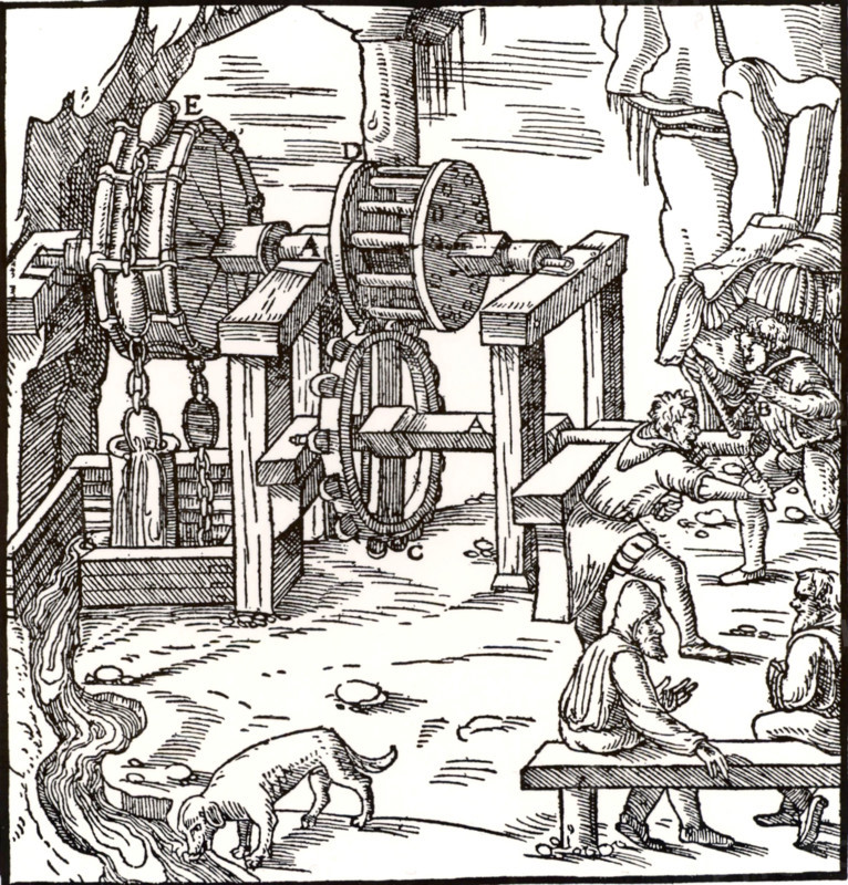 Rag-and-chain pump being used to raise water from a mine