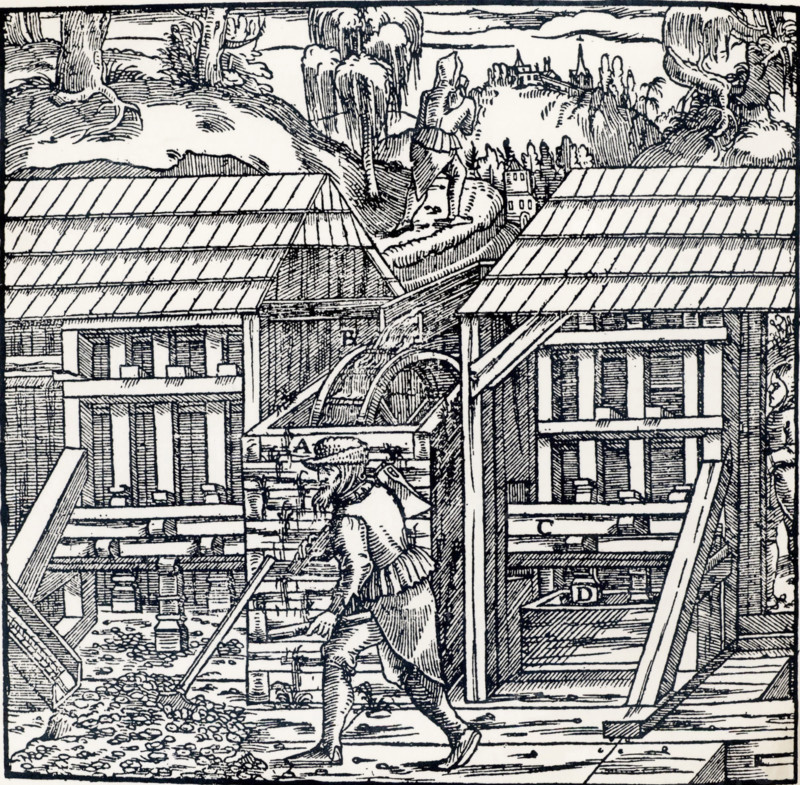 Stamping mills powered by and overshot water wheel