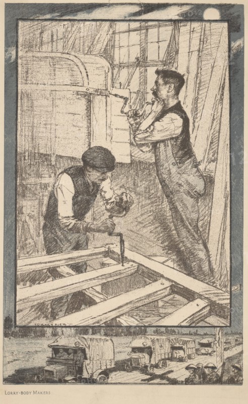 Lorry-Body Builders, World War I - 1914-1918. The men are over the age for active military service but are supporting their younger countrymen.    At the bottom is a convoy of army lorries of the type the men are working on. Lithograph.