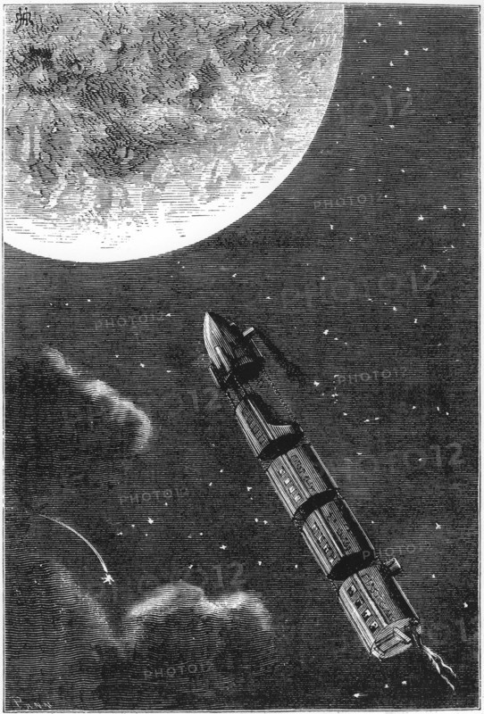 Space capsule dwarfed by the disc of the Moon