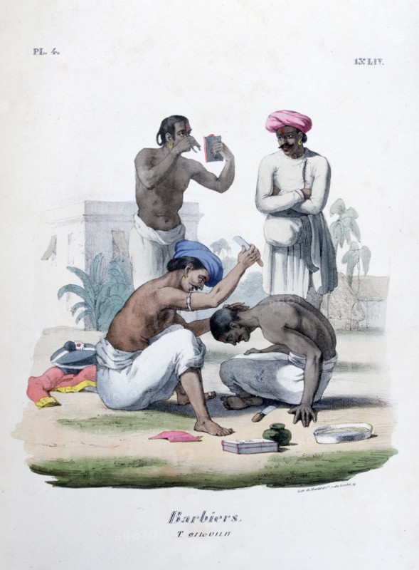 Indian barbers: In the foreground a Sepoy is being shaved