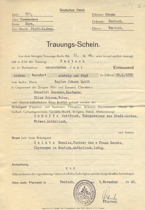 Germany: Marriage certificate for a couple married in 1775