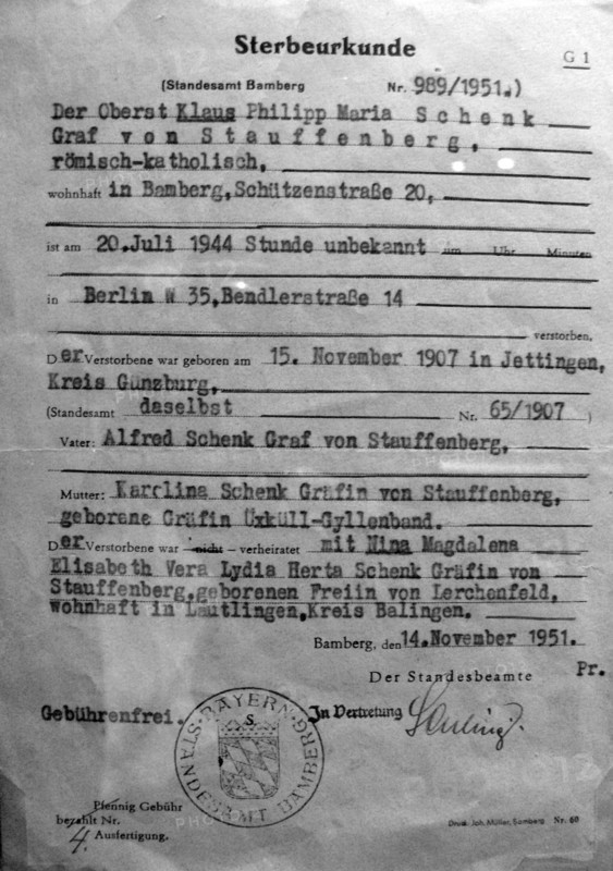 Death certificate of Claus Schenk Graf von Stauffenberg