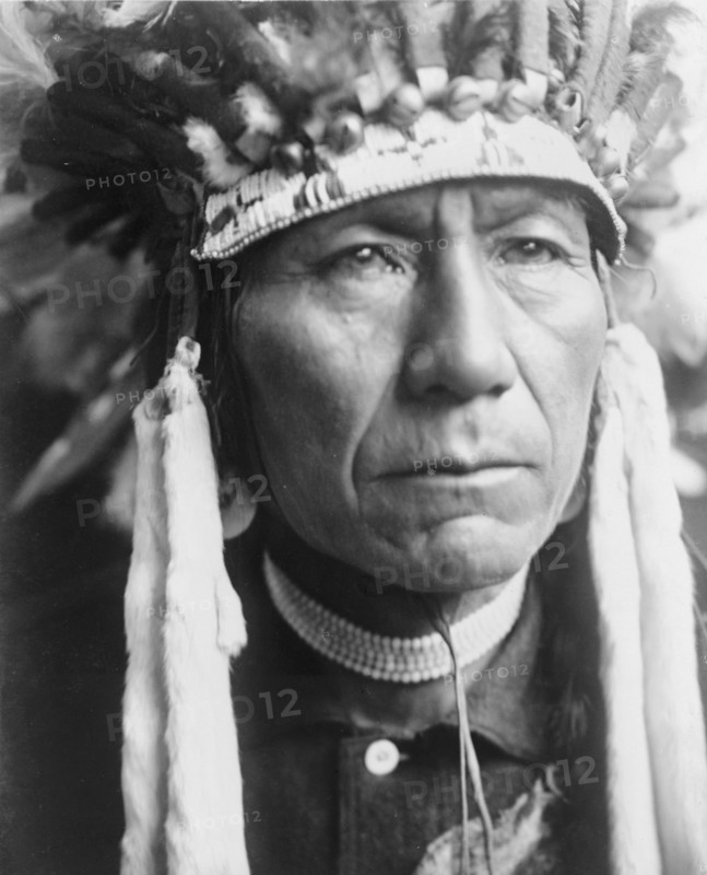 Head-and-shoulders portrait of a Nez Percé man in full feather headdress
