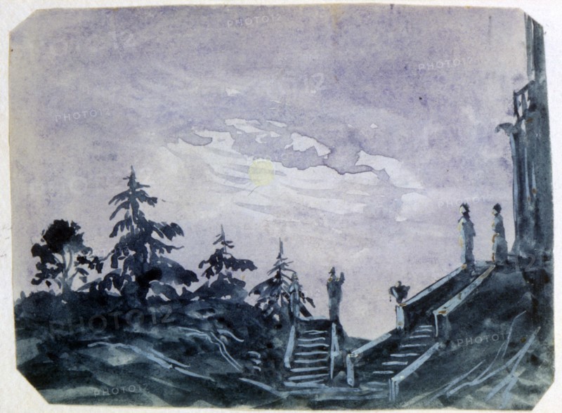 View of Grounds  of a Fantastic Chateau by Moonlight